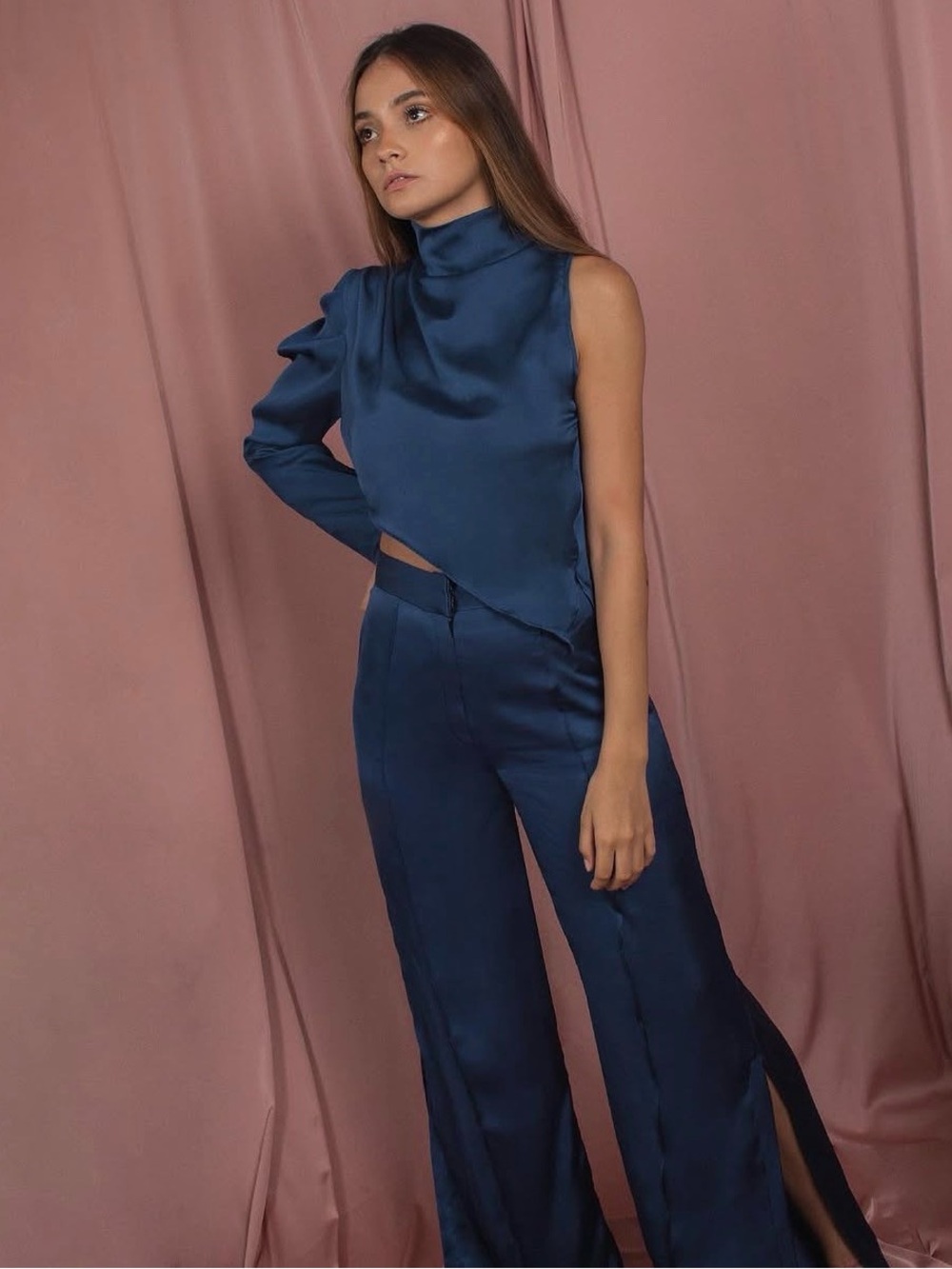 Satin One-Shoulder Navy Set